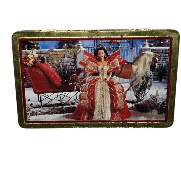 Vintage 1997 Russell Stover Mattel Holiday Barbie Metal Hinged Storage Tin Used - Picture 2 of 6